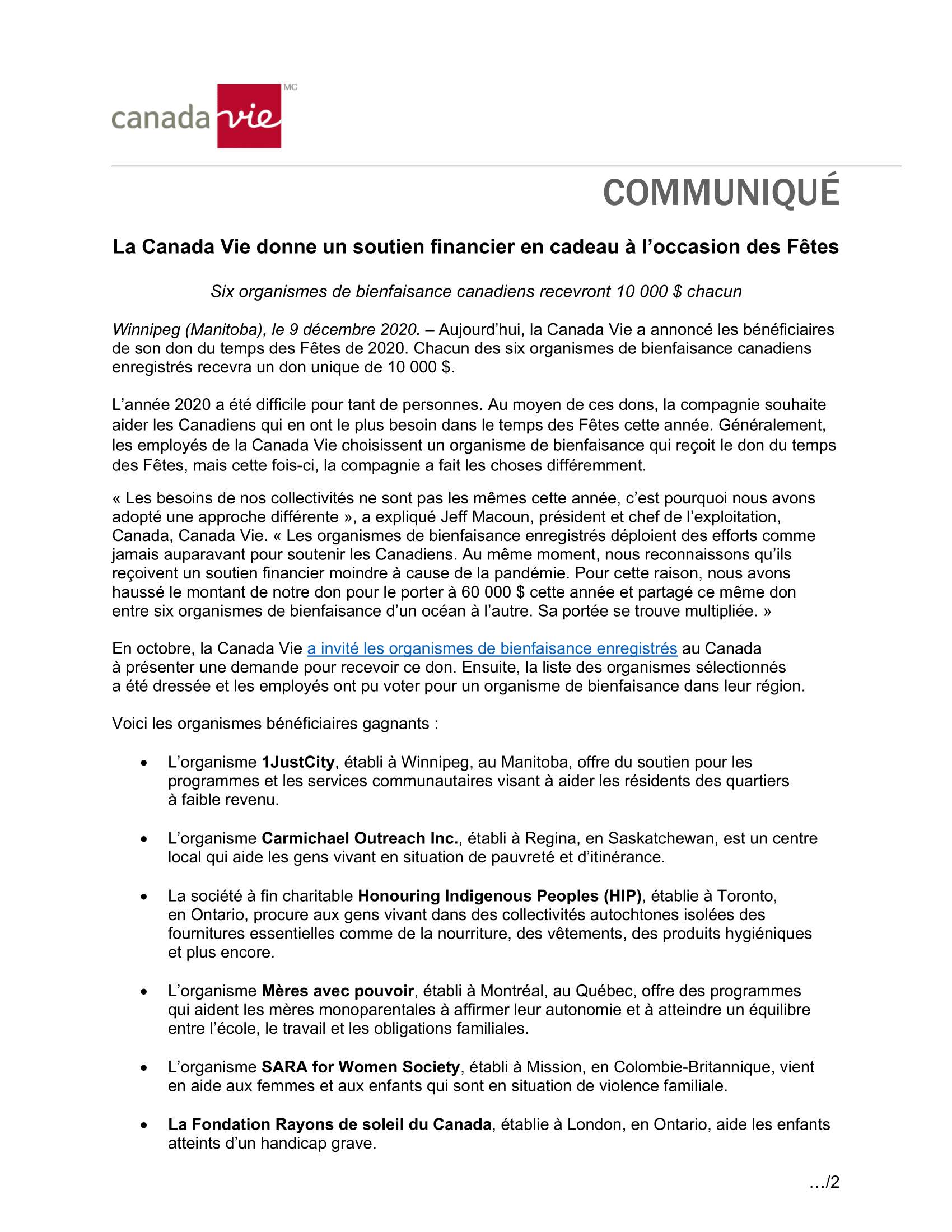 Canada Vie Communique De Presse December 9 2020 1