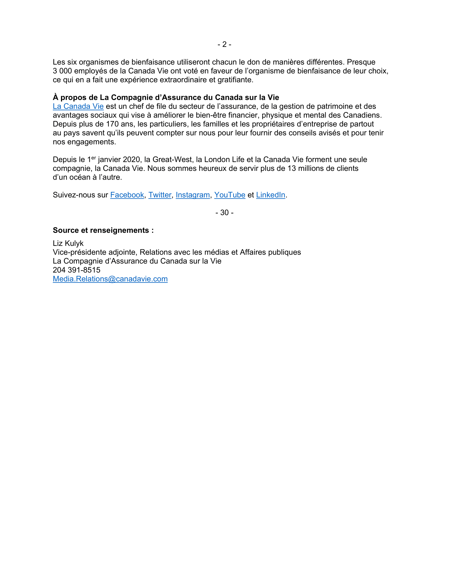 Canada Vie Communique De Presse December 9 2020 2